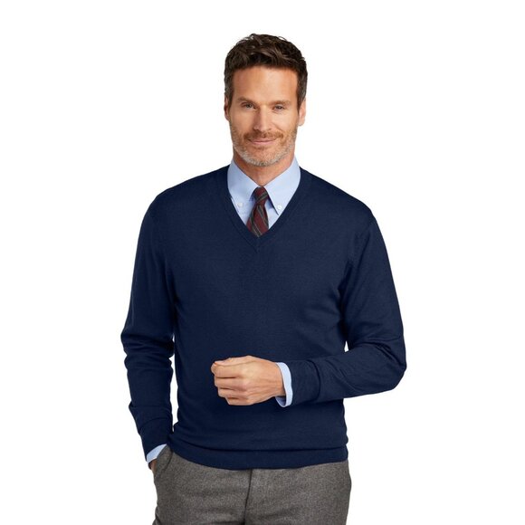 NEW! Brooks Brothers Merino Wool Blend Pullover Sweater V-Neck Dark Navy SZ L - Picture 1 of 9